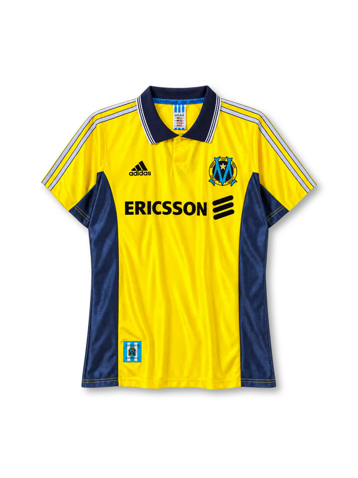 Olympique Marseille 1998-99 third jersey adidas front view yellow navy panels