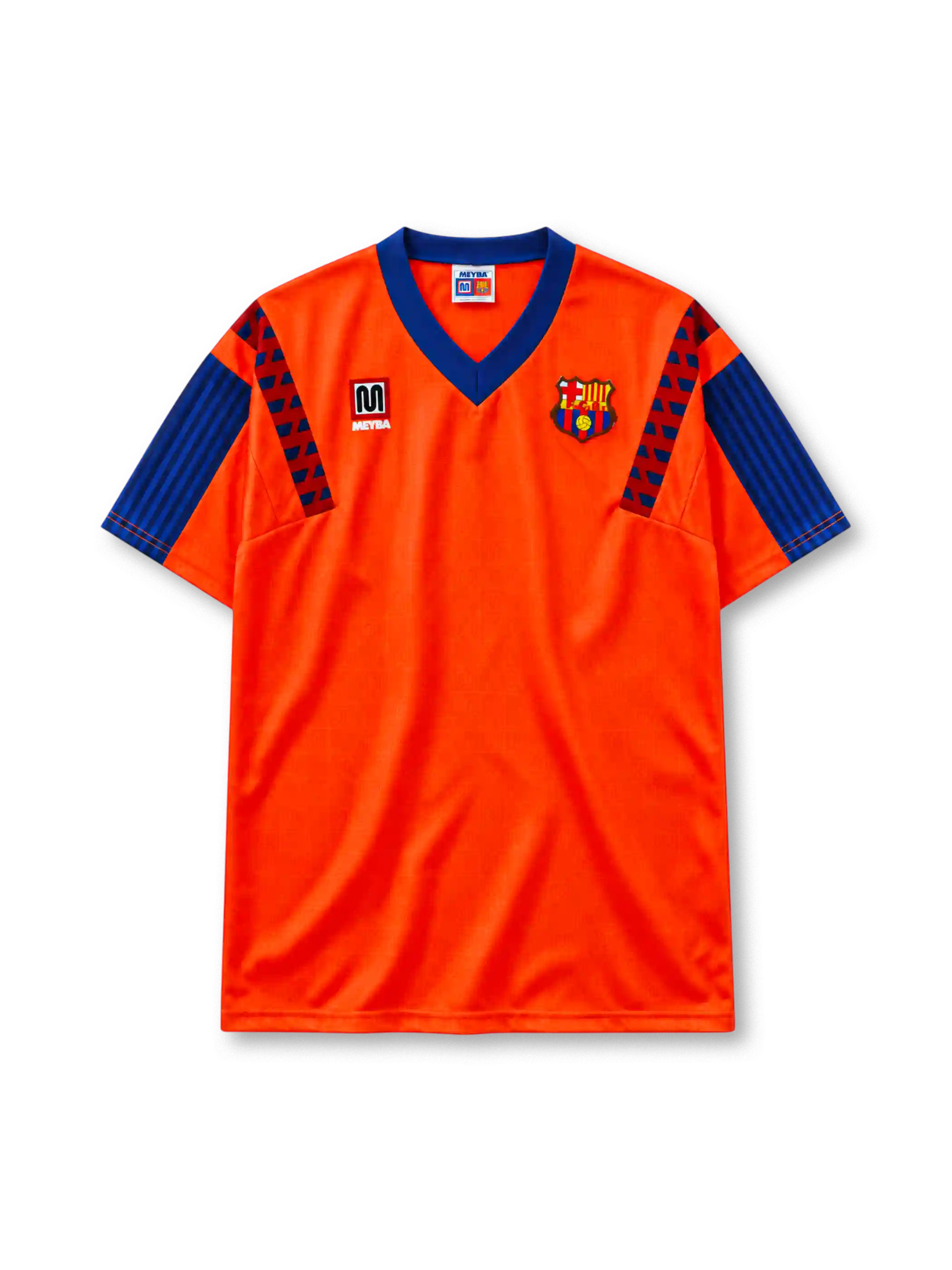 FC Barcelona 1991-92 away jersey Meyba front view orange blue sleeves
