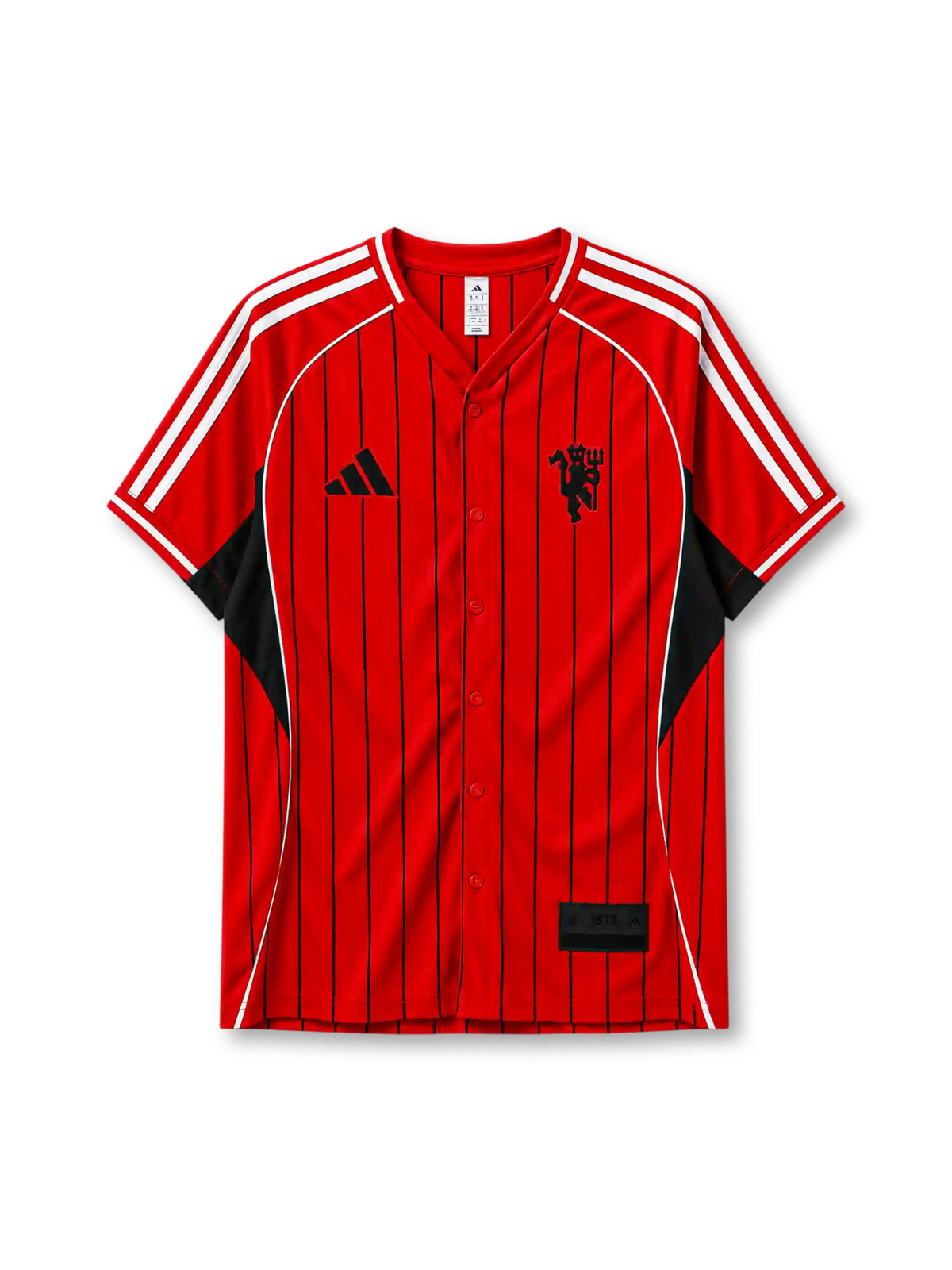 Manchester United 2025-26 baseball jersey adidas front view red black pinstripes