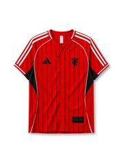 Manchester United 2025-26 baseball jersey adidas front view red black pinstripes
