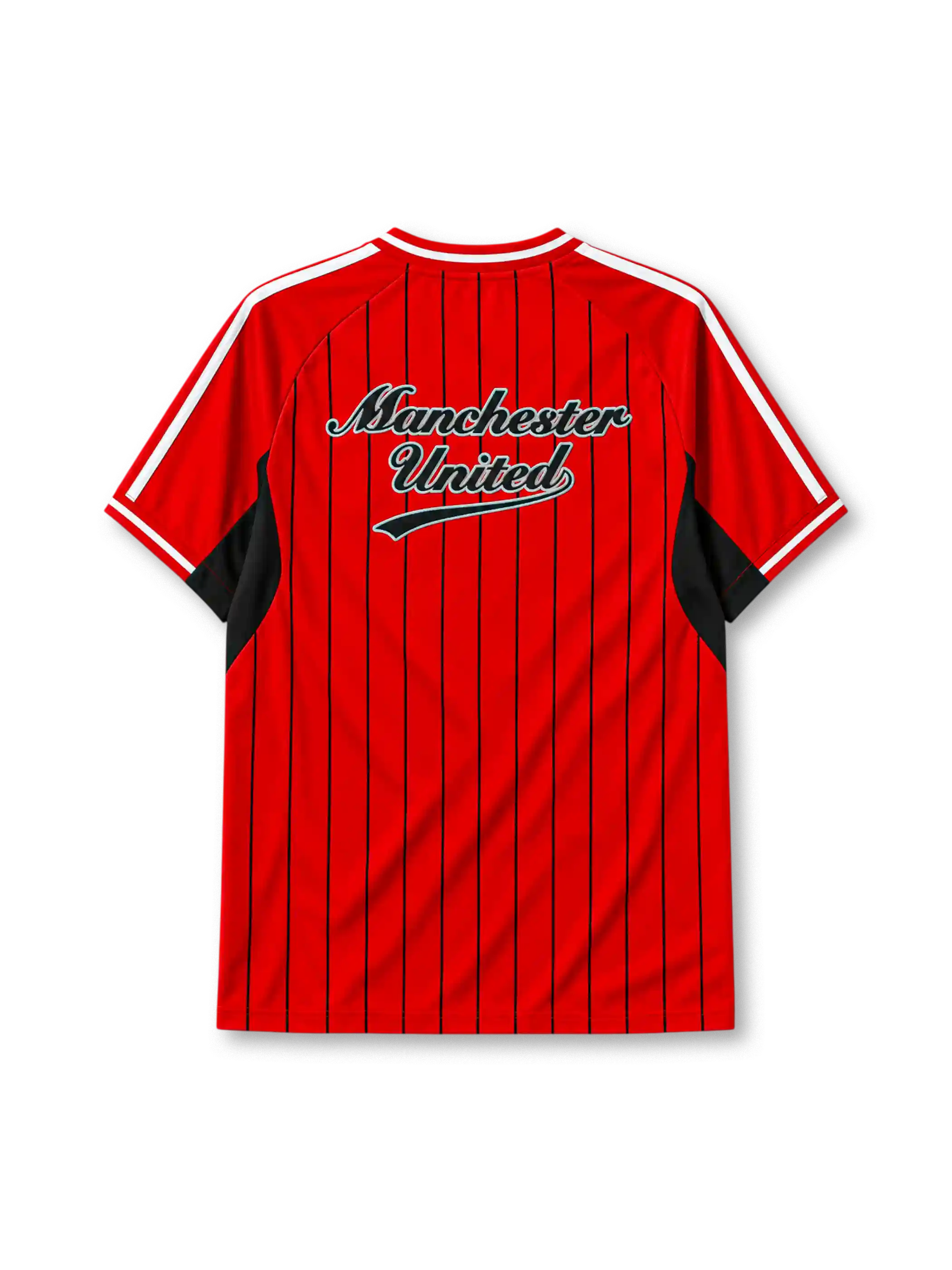 Manchester United 2025-26 baseball jersey adidas front view red black pinstripes