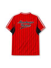 Manchester United 2025-26 baseball jersey adidas front view red black pinstripes