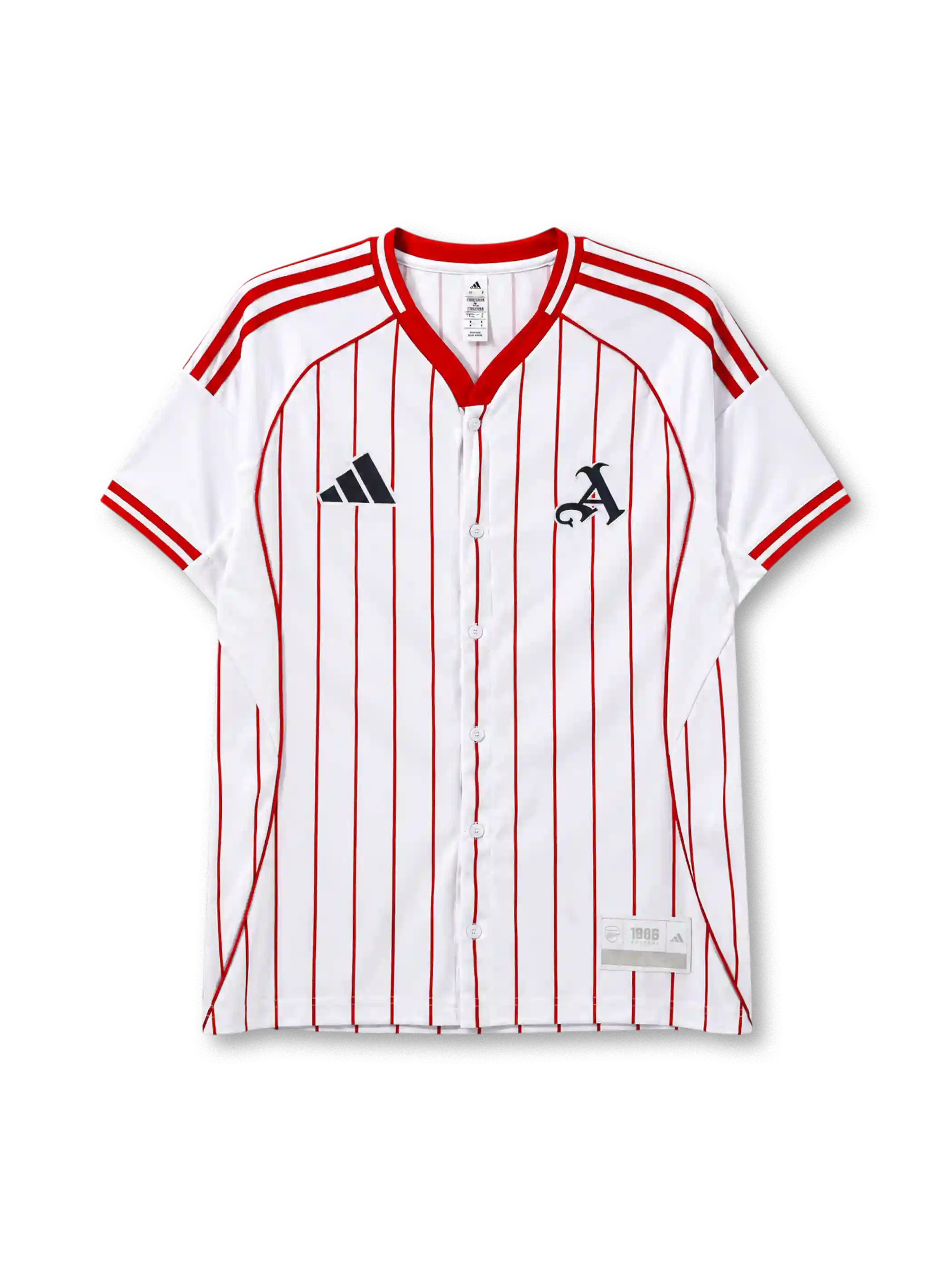 Arsenal 2025-26 baseball jersey adidas front view white red pinstripes