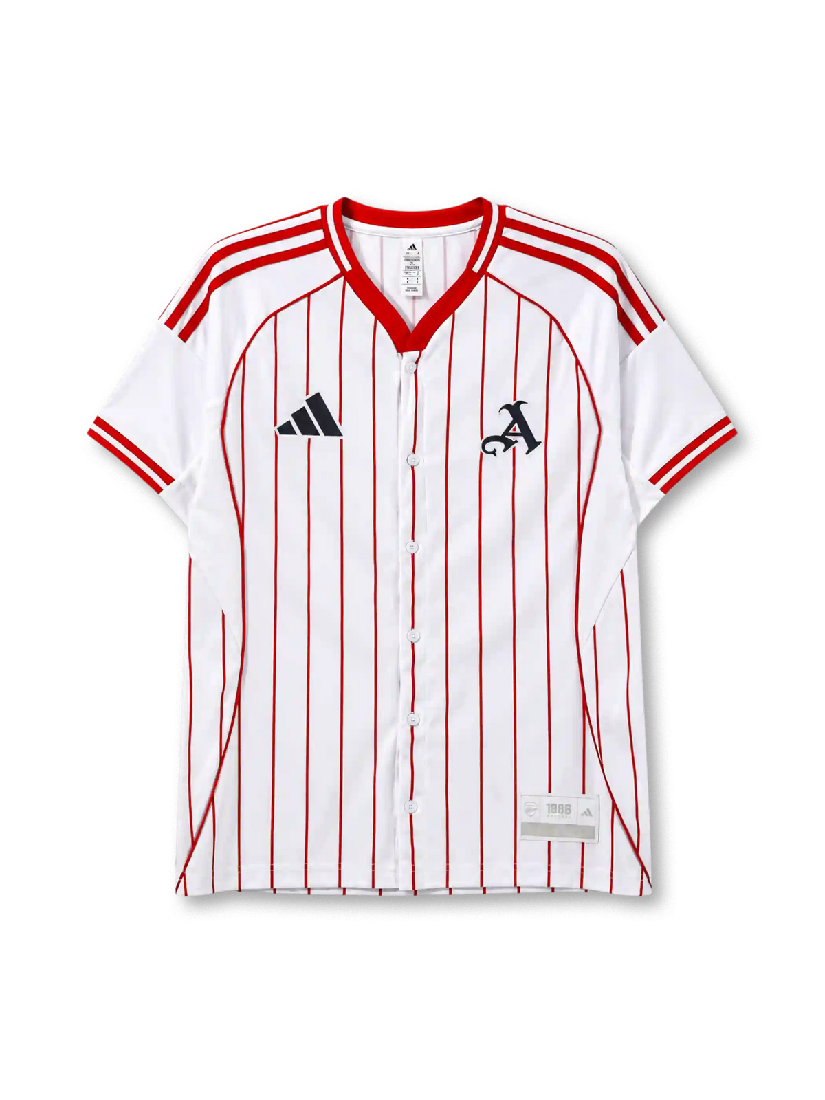 Arsenal 2025-26 baseball jersey adidas front view white red pinstripes