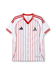 Arsenal 2025-26 baseball jersey adidas front view white red pinstripes