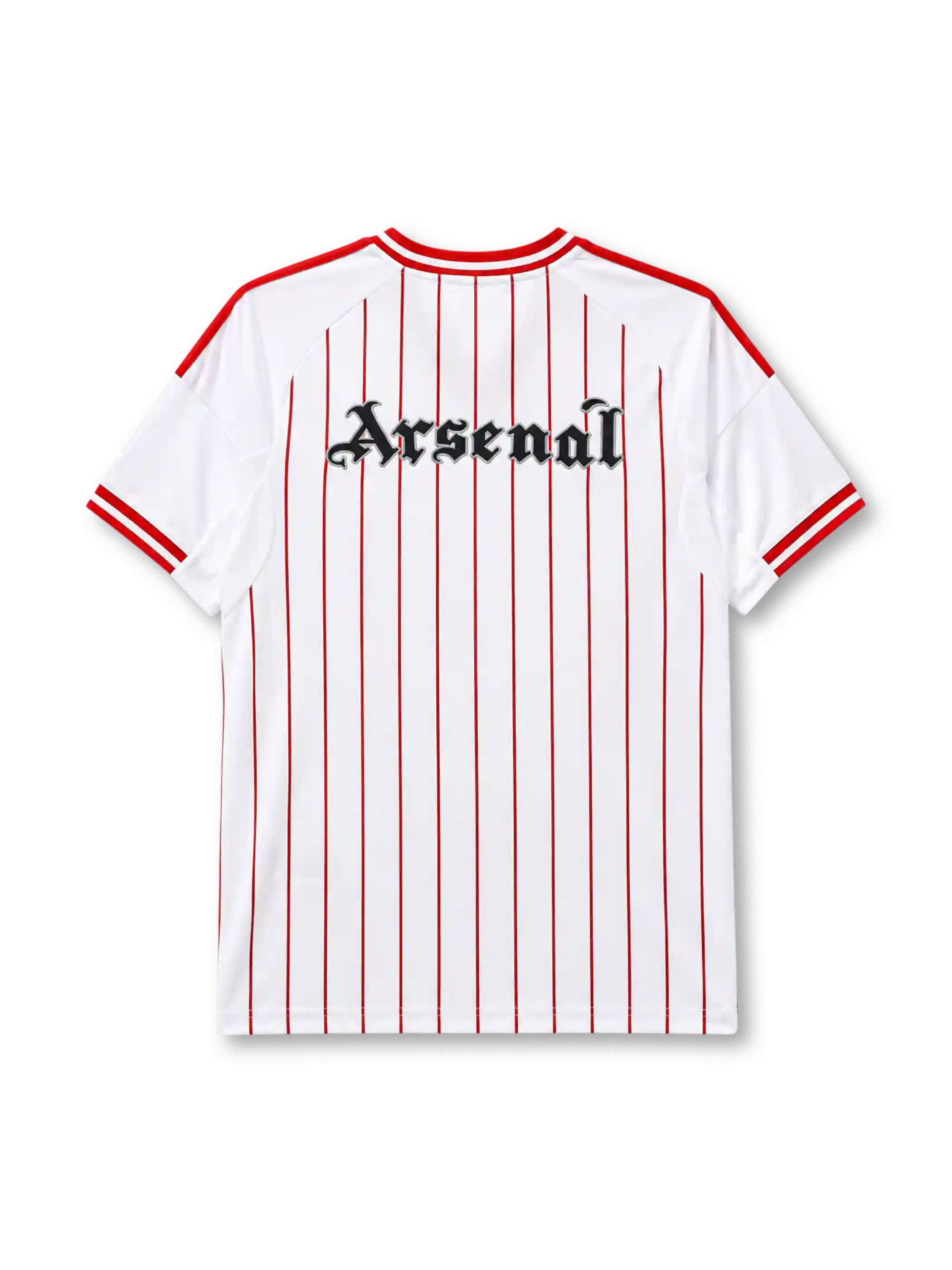 Arsenal 2025-26 baseball jersey adidas front view white red pinstripes
