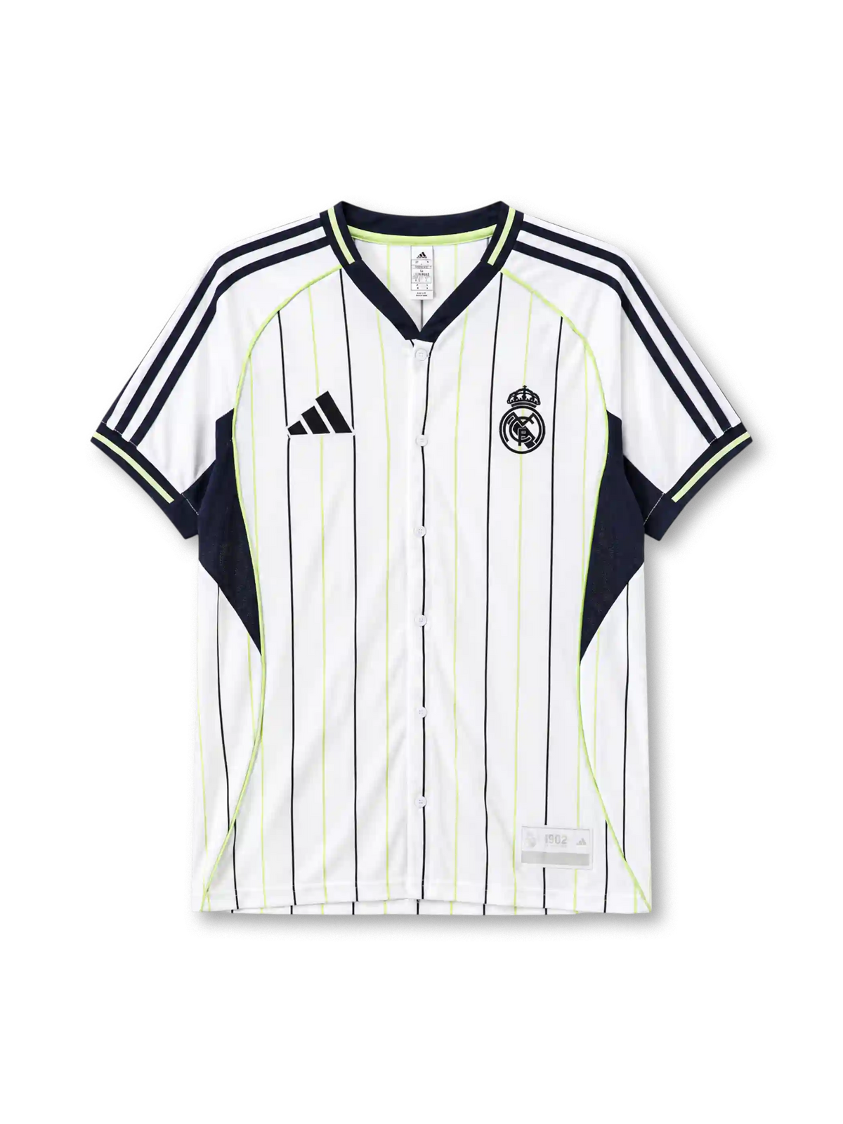 Real Madrid 2025-26 baseball jersey adidas front view white navy pinstripes
