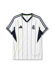 Real Madrid 2025-26 baseball jersey adidas front view white navy pinstripes
