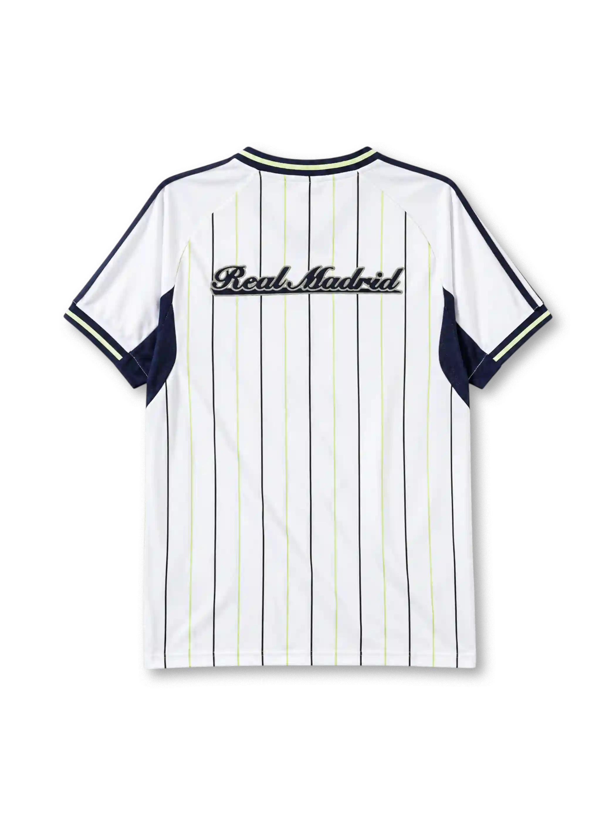 Real Madrid 2025-26 baseball jersey adidas front view white navy pinstripes