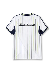 Real Madrid 2025-26 baseball jersey adidas front view white navy pinstripes