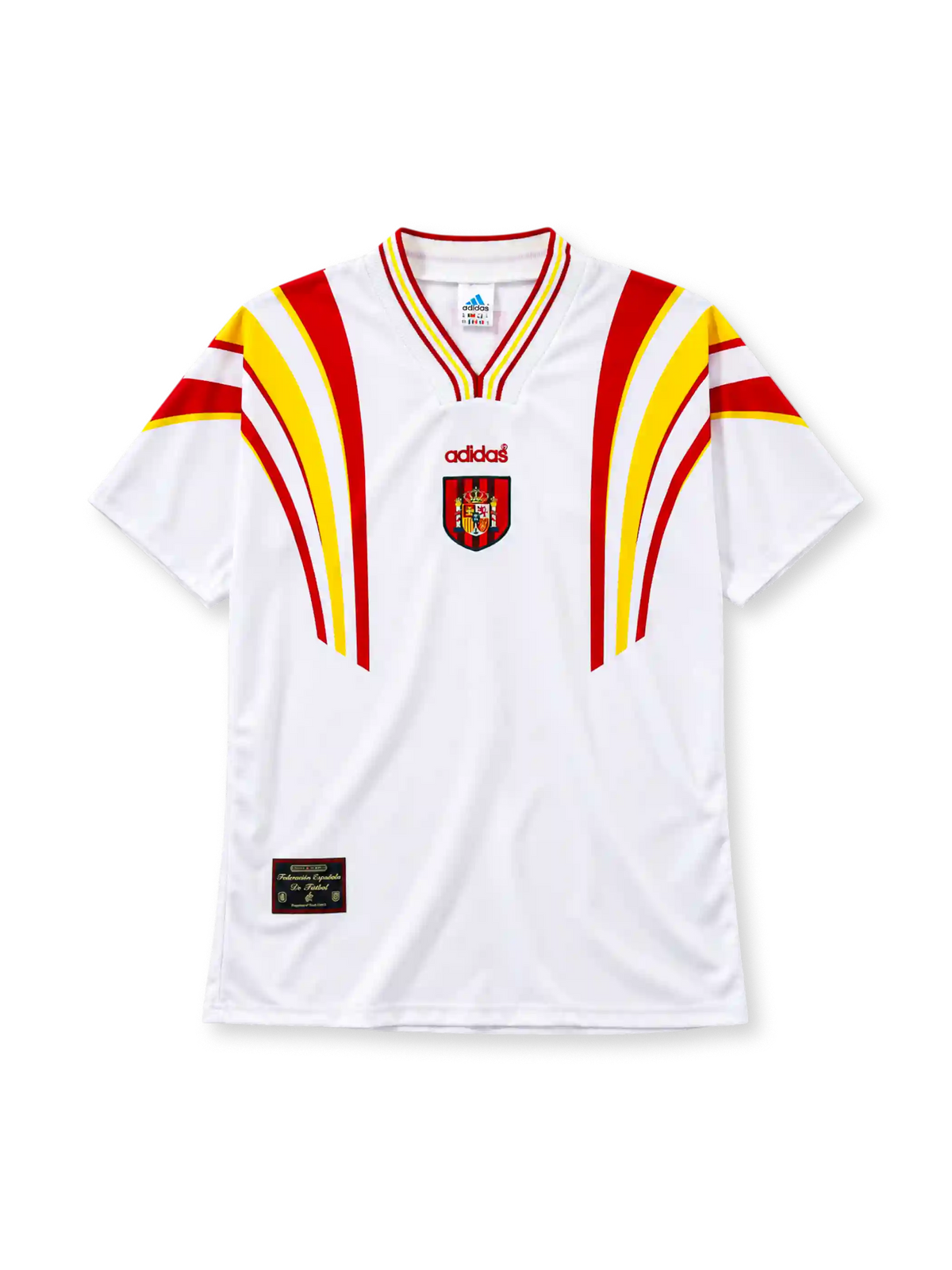 Spain 1996 away jersey adidas front view white red yellow stripes