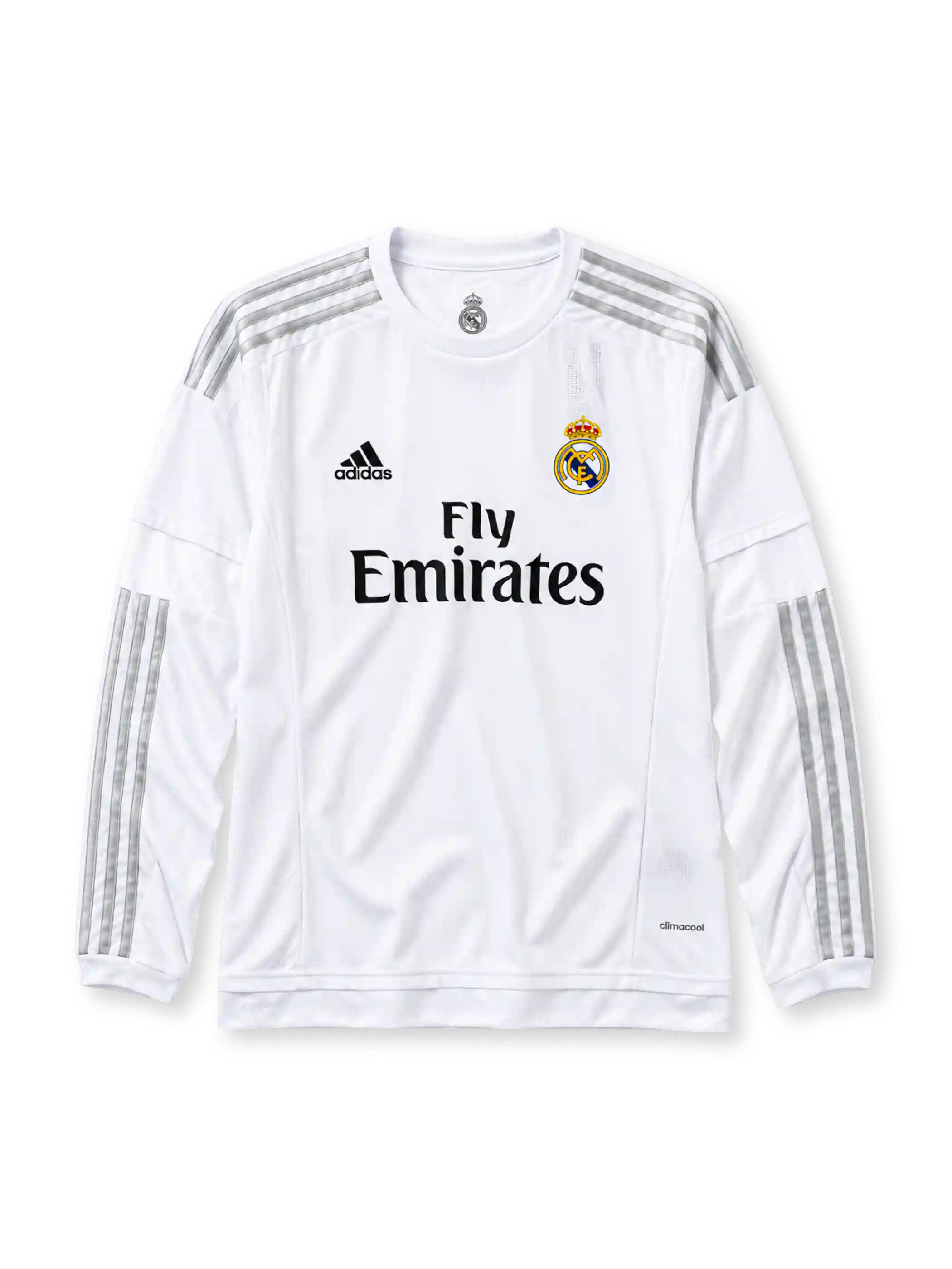 Real Madrid 2015-16 long-sleeve home jersey in white with Fly Emirates sponsor and grey stripes