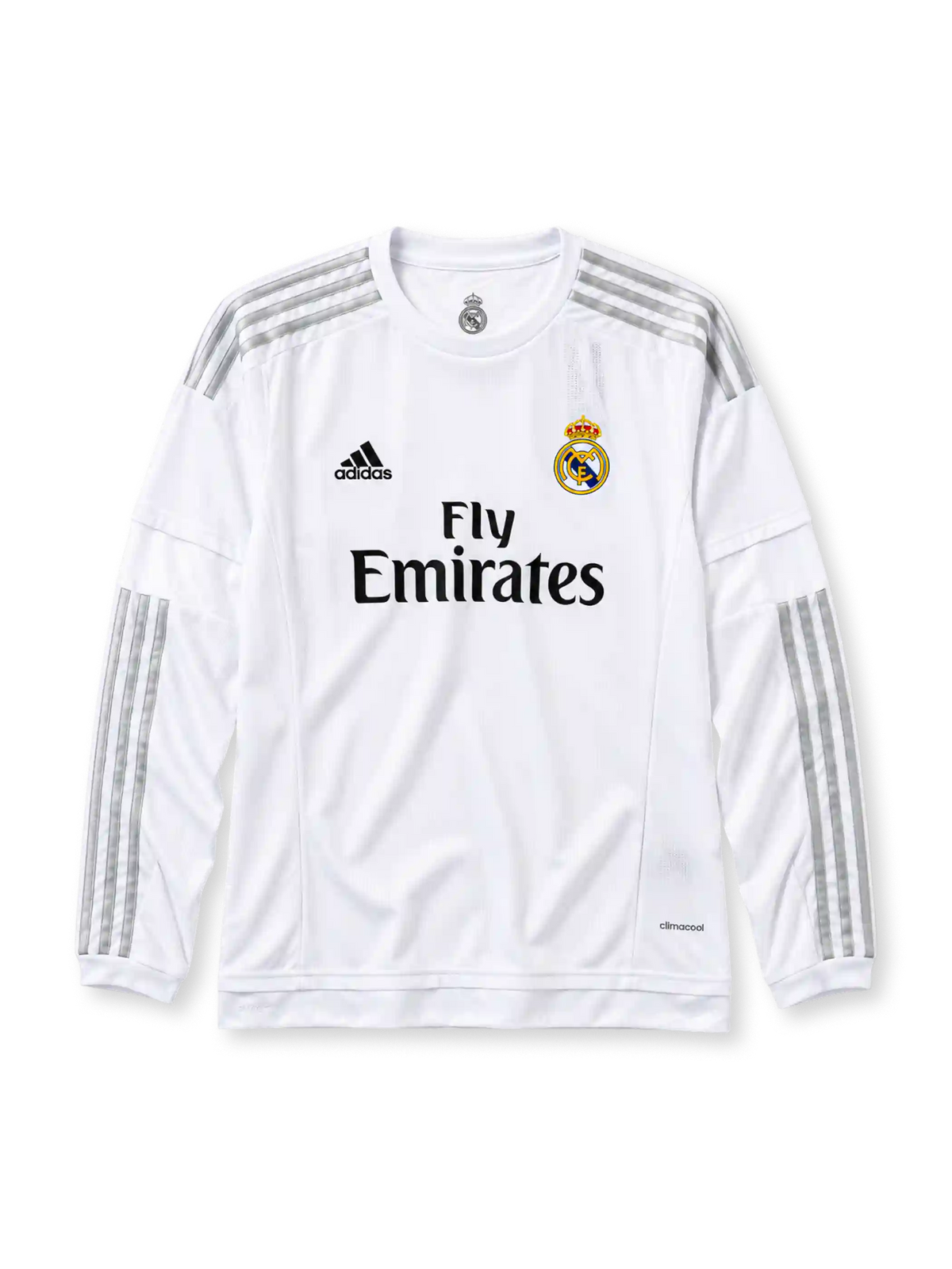 Real Madrid 2015-16 long-sleeve home jersey in white with Fly Emirates sponsor and grey stripes