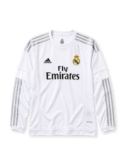 Real Madrid 2015-16 long-sleeve home jersey in white with Fly Emirates sponsor and grey stripes