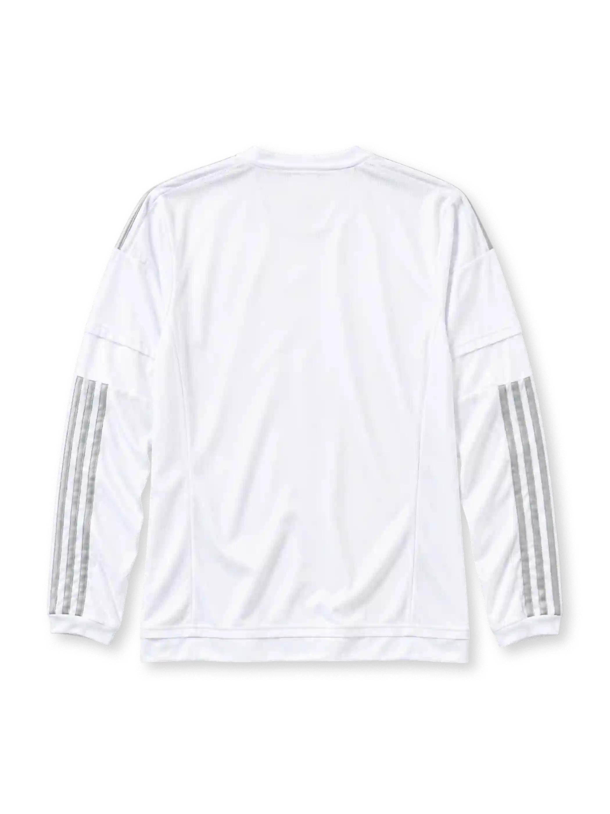 Real Madrid 2015-16 long-sleeve home jersey in white with Fly Emirates sponsor and grey stripes