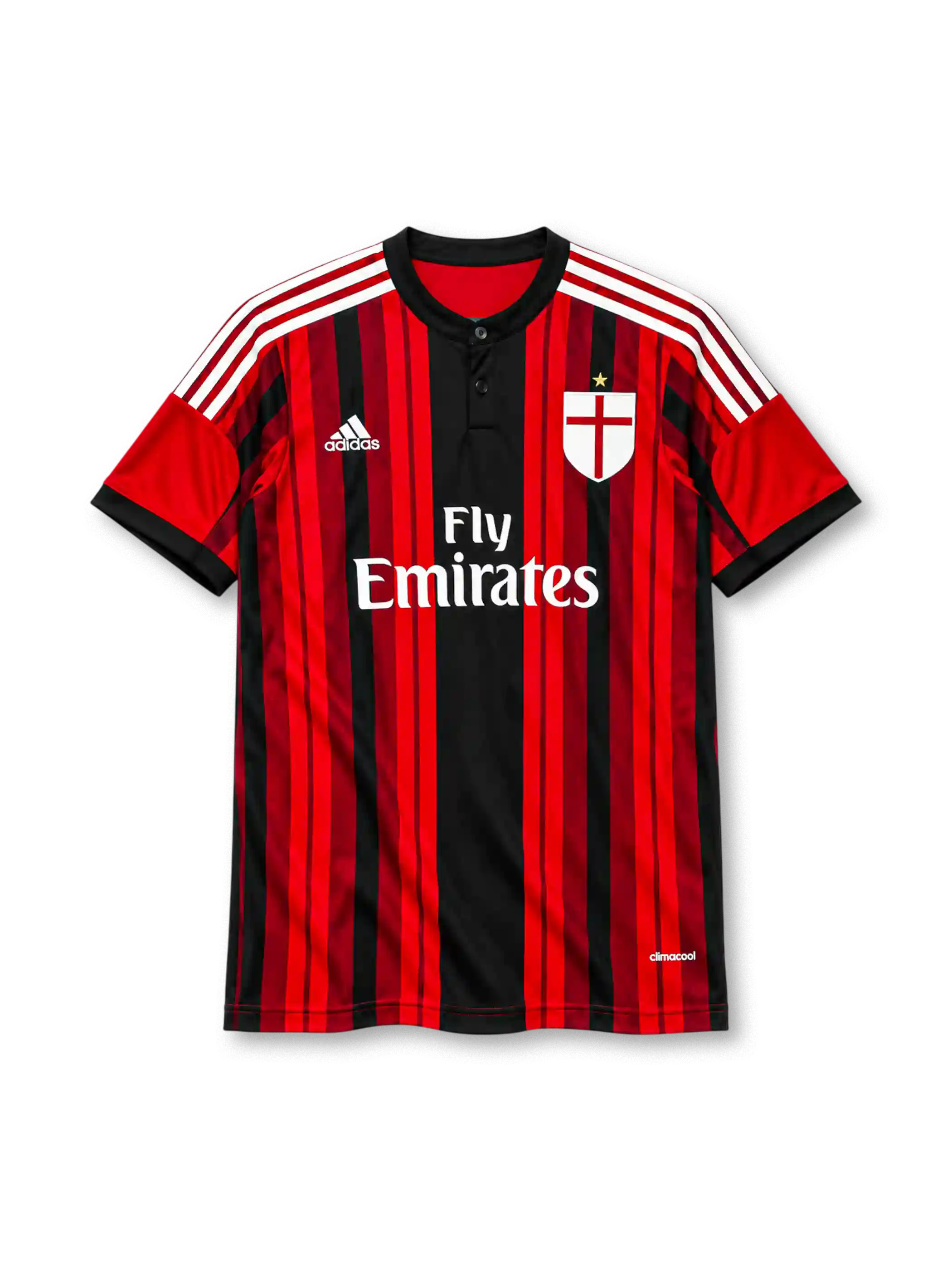 AC Milan 2014-15 home jersey in red and black stripes with Fly Emirates sponsor and button collar