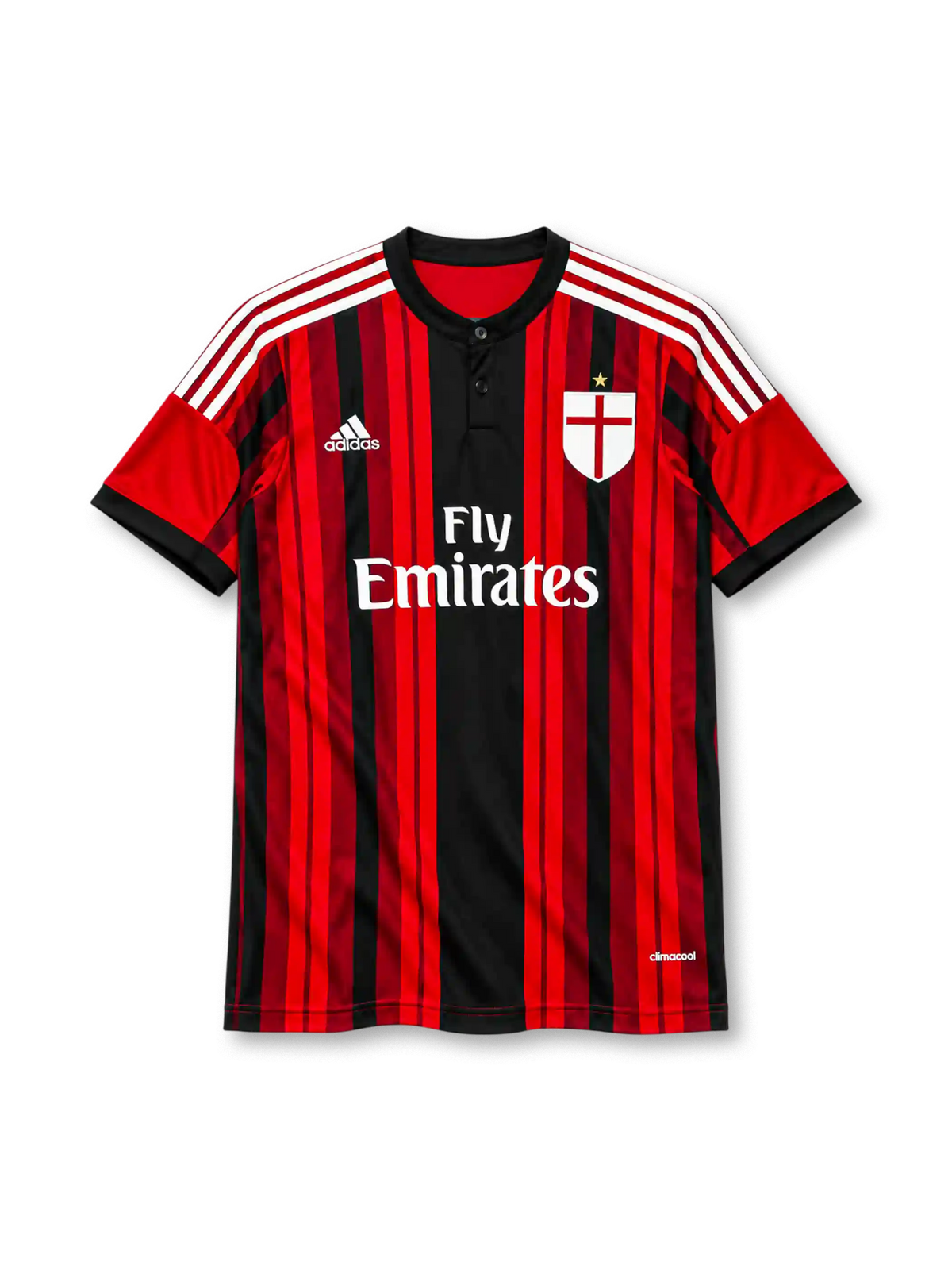 AC Milan 2014-15 home jersey in red and black stripes with Fly Emirates sponsor and button collar
