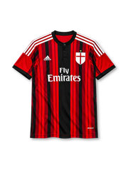 AC Milan 2014-15 home jersey in red and black stripes with Fly Emirates sponsor and button collar