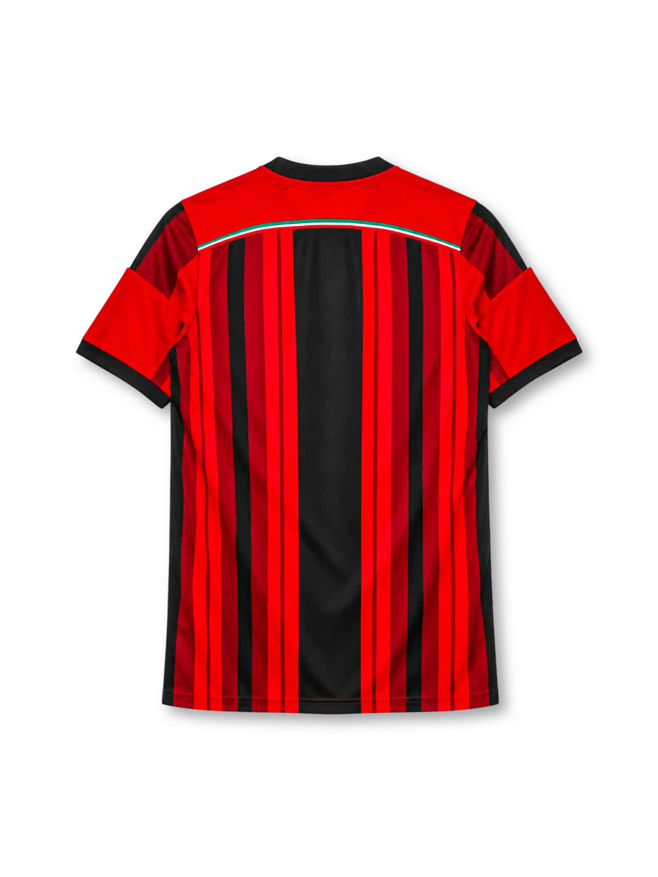 AC Milan 2014-15 home jersey in red and black stripes with Fly Emirates sponsor and button collar