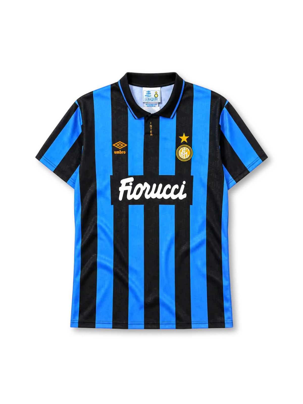 Inter Milan 1992-94 home jersey in blue and black stripes with Fiorucci sponsor and polo collar