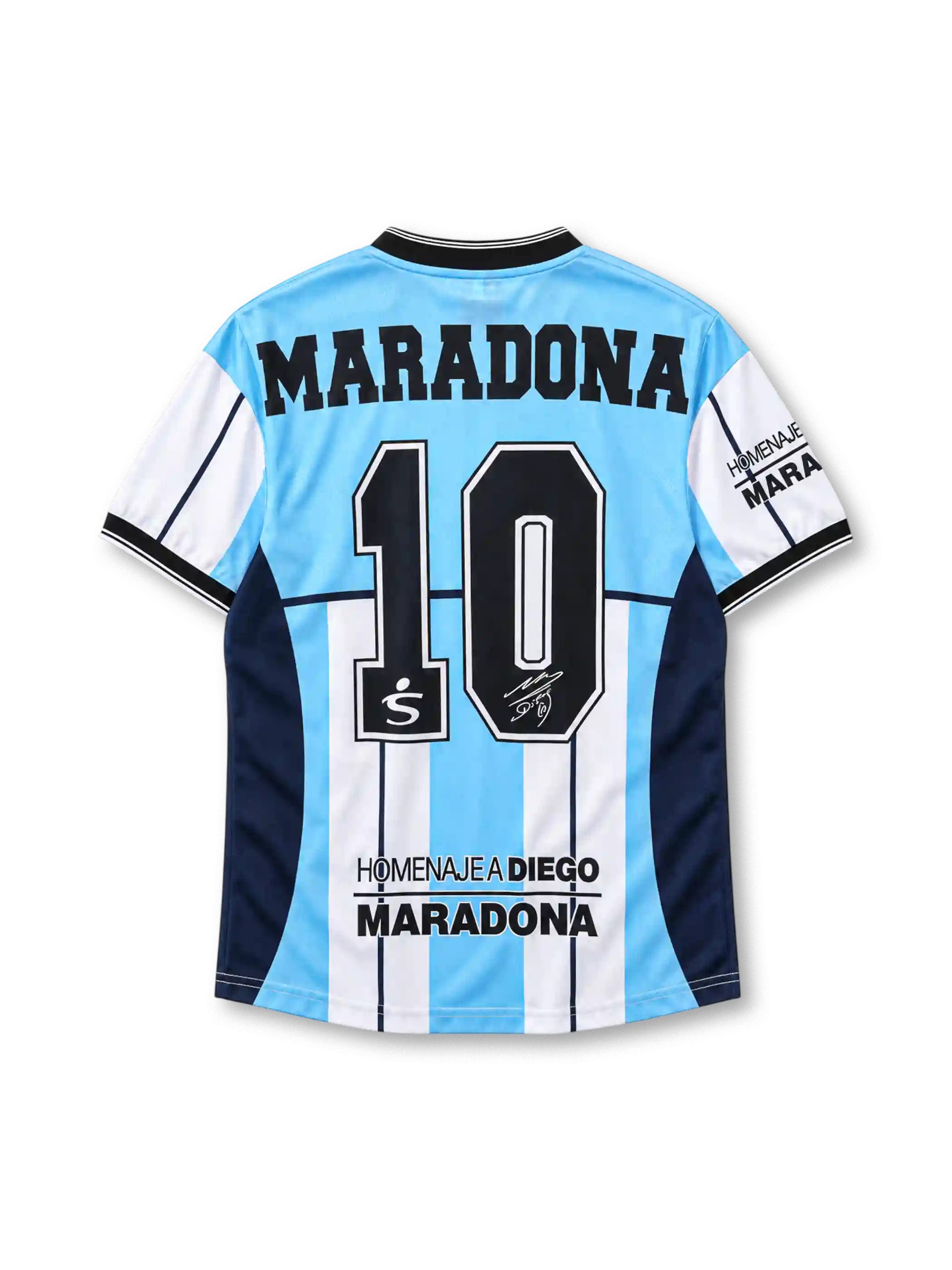 Argentina 2001 Maradona tribute home jersey in sky blue and white with number 10 and signature graphic