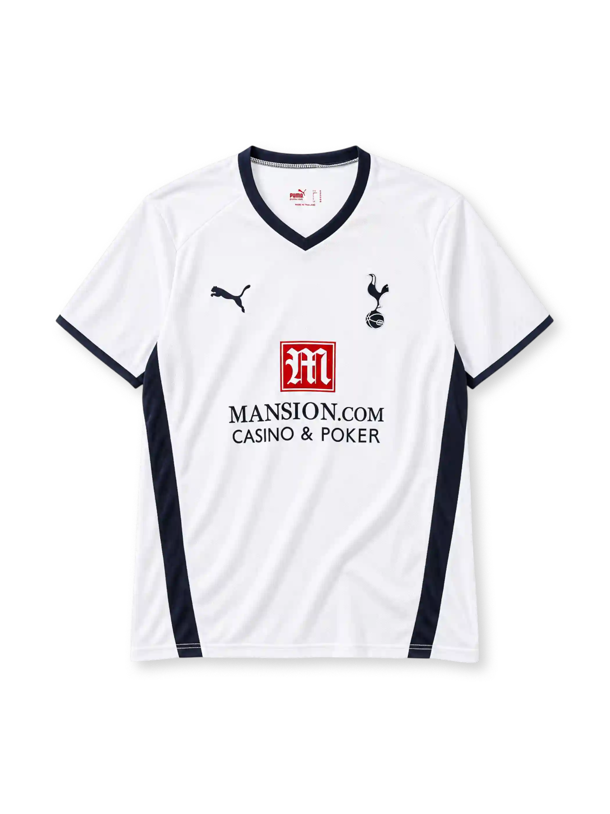 Tottenham Hotspur 2008-09 home jersey in white with Mansion.com sponsor and navy side panels