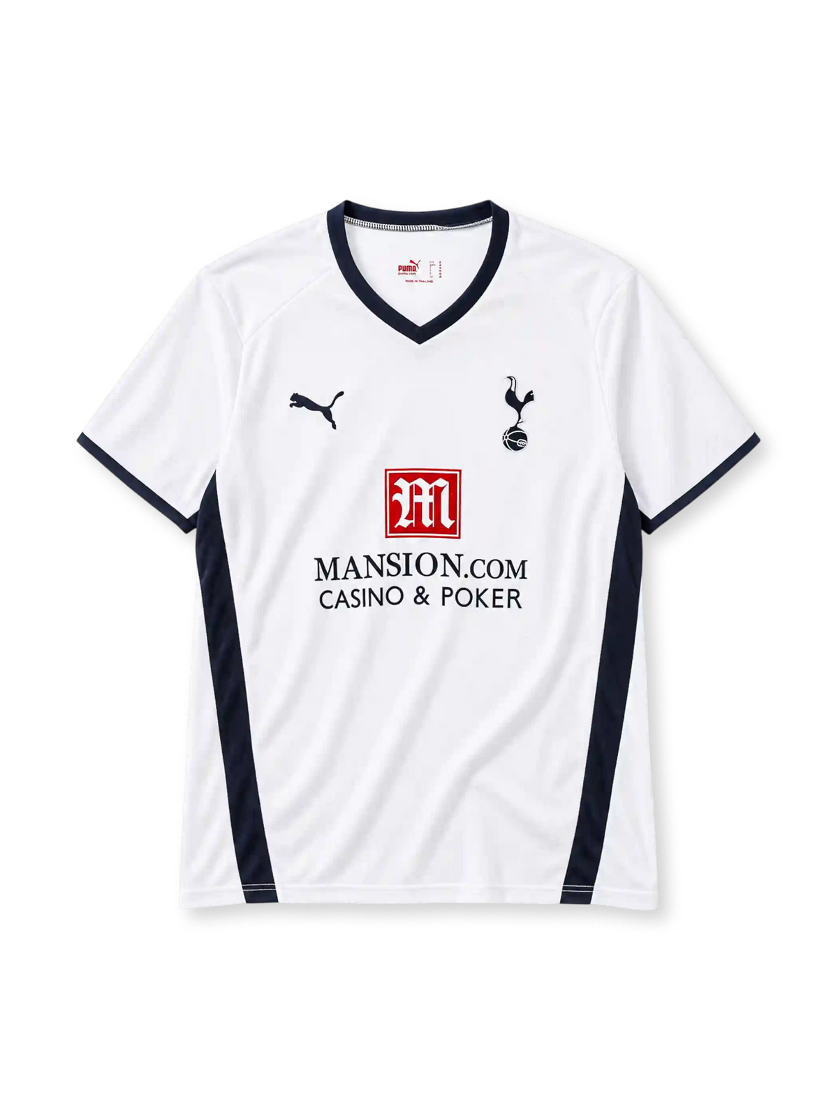 Tottenham Hotspur 2008-09 home jersey in white with Mansion.com sponsor and navy side panels