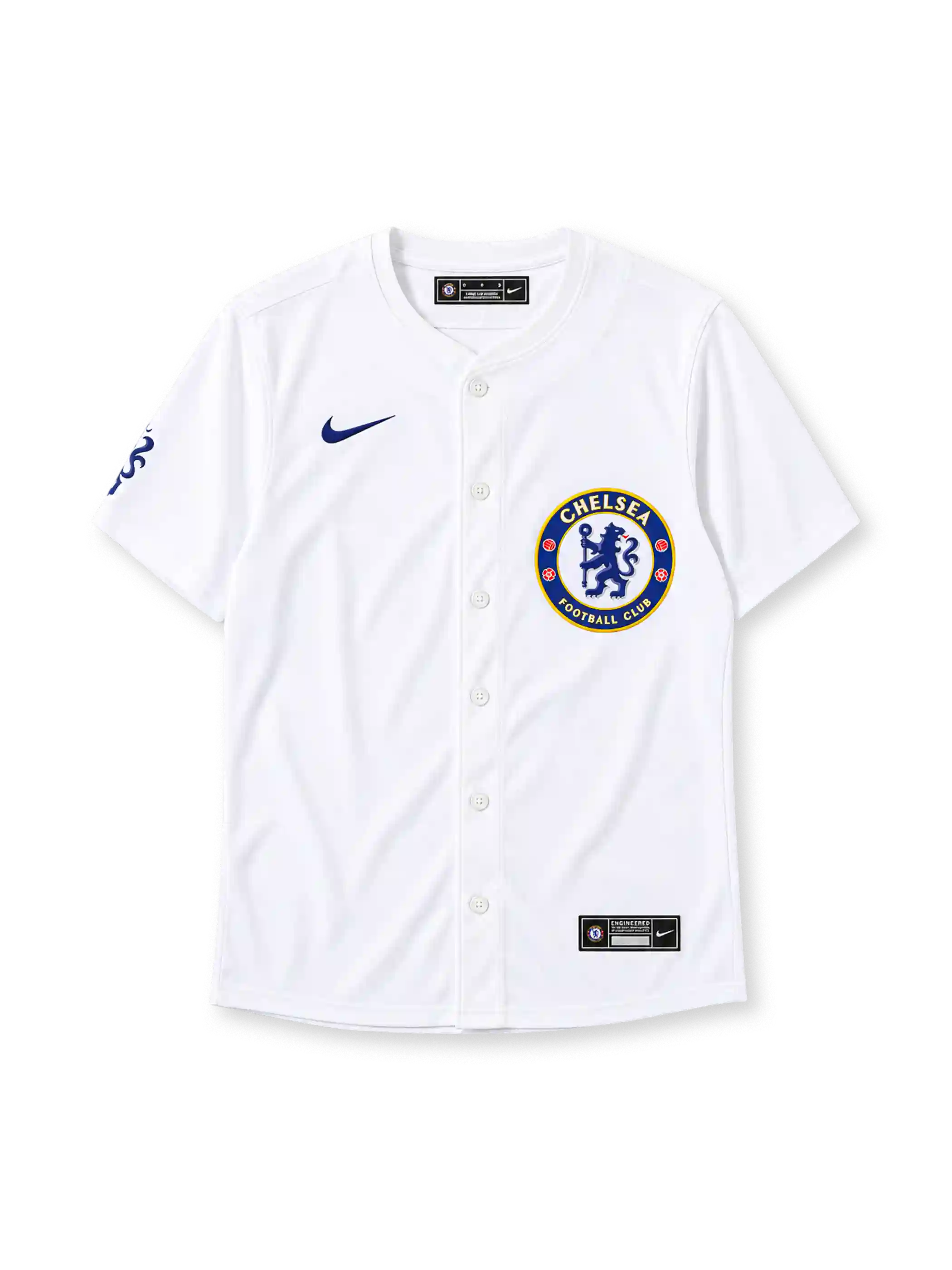 Chelsea FC 2025 white baseball-style jersey with Nike branding and club crest