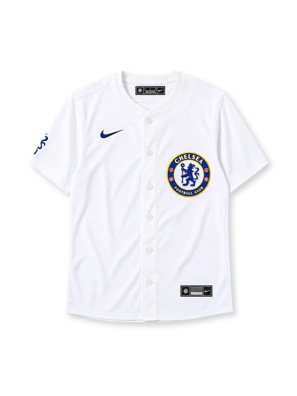 Chelsea FC 2025 white baseball-style jersey with Nike branding and club crest