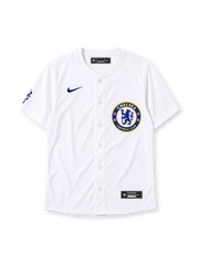 Chelsea FC 2025 white baseball-style jersey with Nike branding and club crest