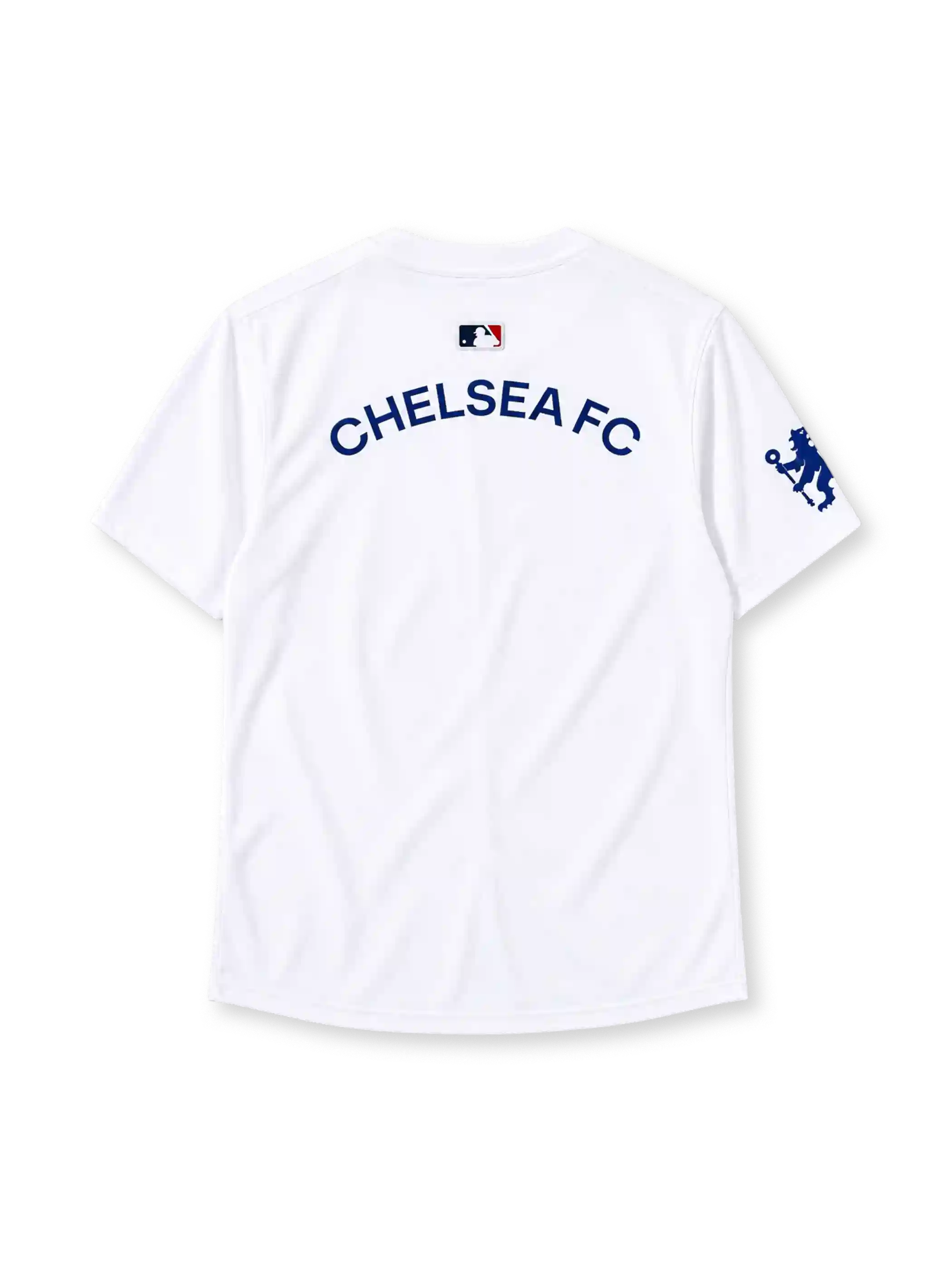 Chelsea FC 2025 white baseball-style jersey with Nike branding and club crest