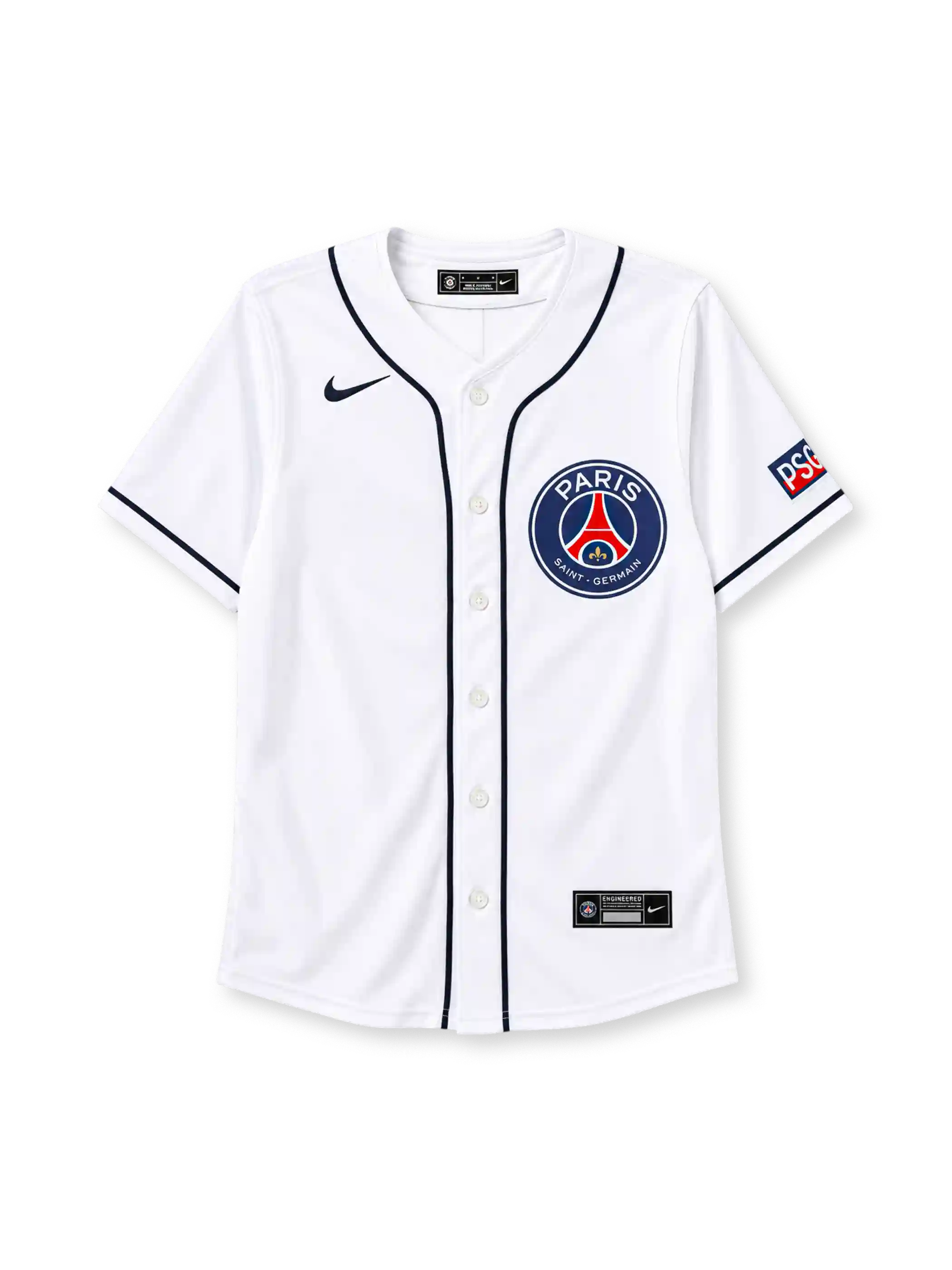 Paris Saint-Germain 2025 white baseball-style jersey with Nike branding and club crest