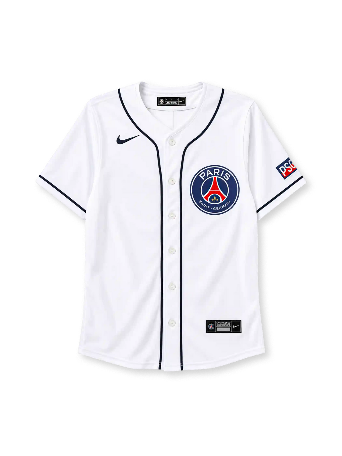 Paris Saint-Germain 2025 white baseball-style jersey with Nike branding and club crest