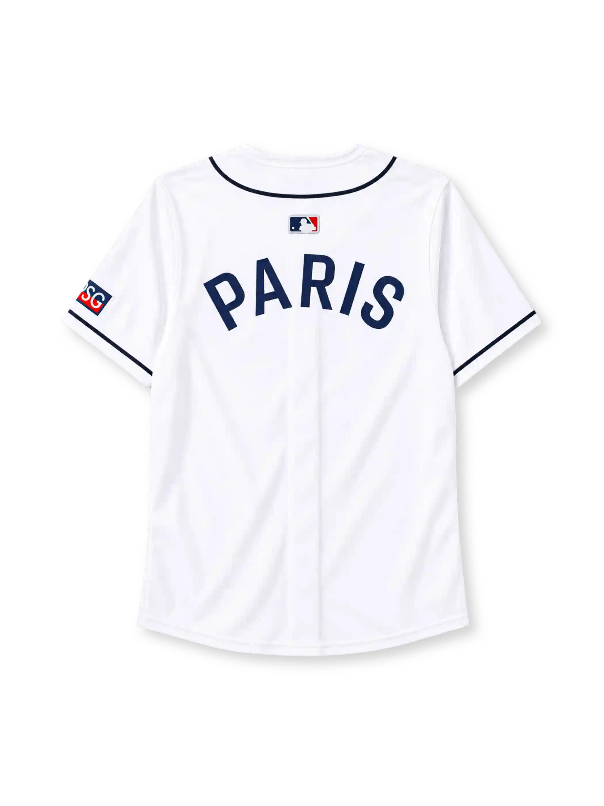 Paris Saint-Germain 2025 white baseball-style jersey with Nike branding and club crest