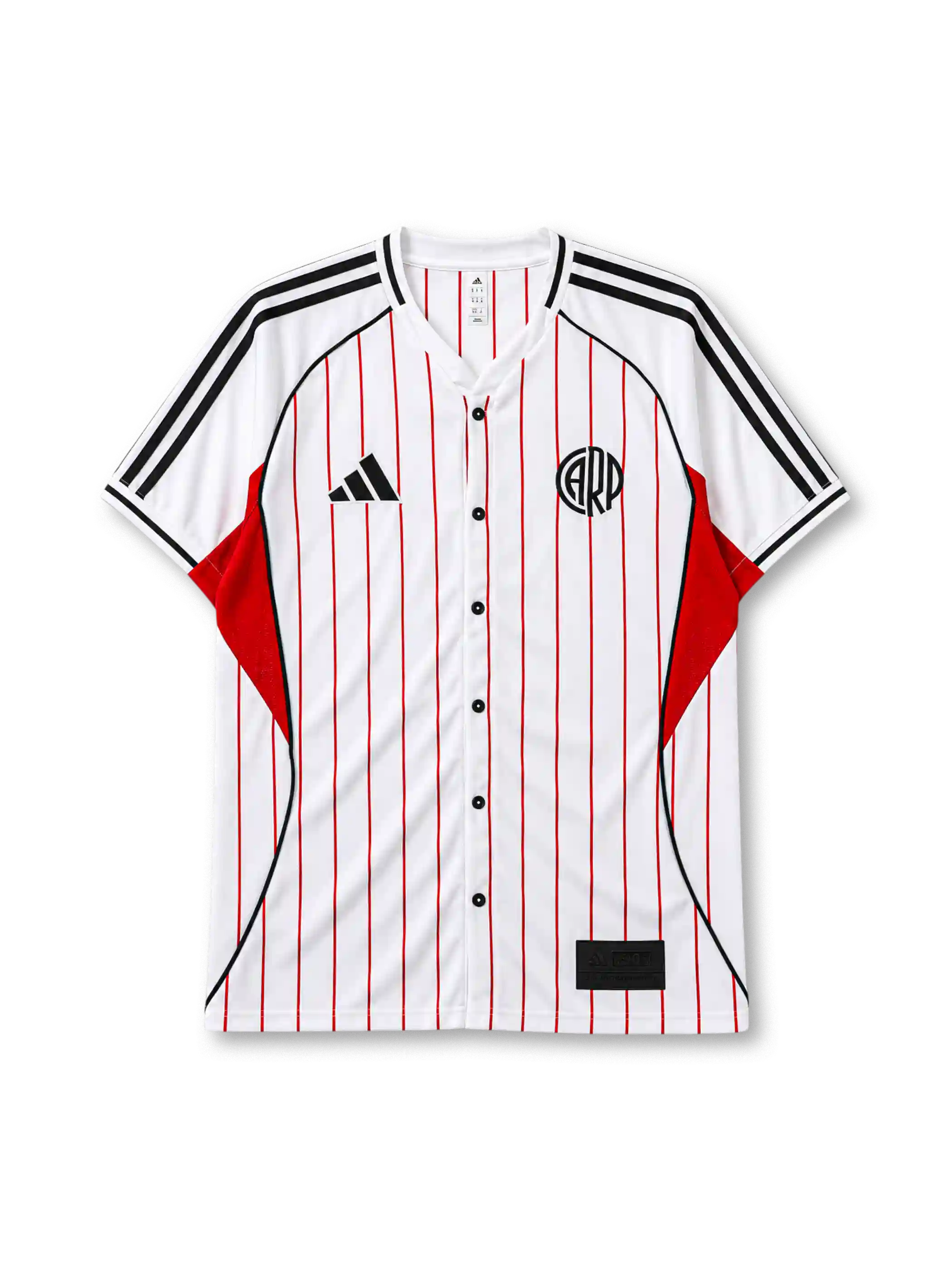 River Plate 2025 baseball-style jersey in white with red pinstripes and CARP crest