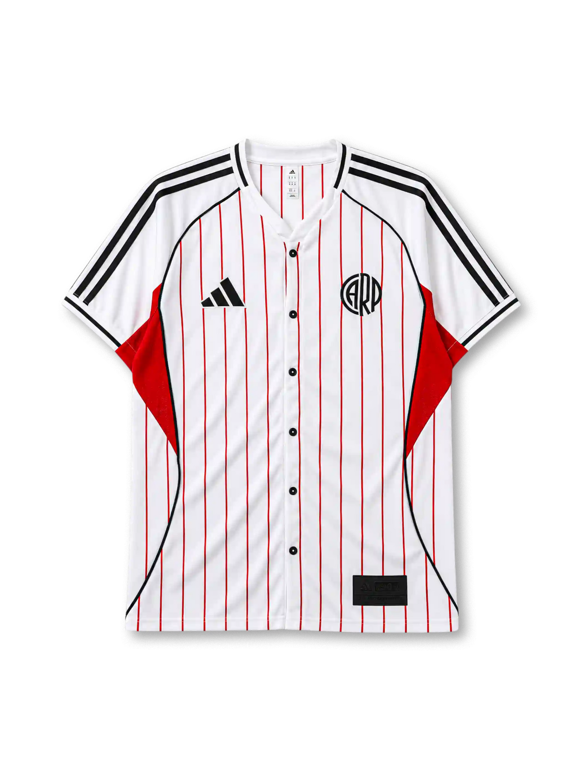 River Plate 2025 baseball-style jersey in white with red pinstripes and CARP crest