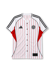 River Plate 2025 baseball-style jersey in white with red pinstripes and CARP crest