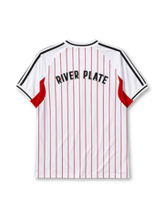 River Plate 2025 baseball-style jersey in white with red pinstripes and CARP crest