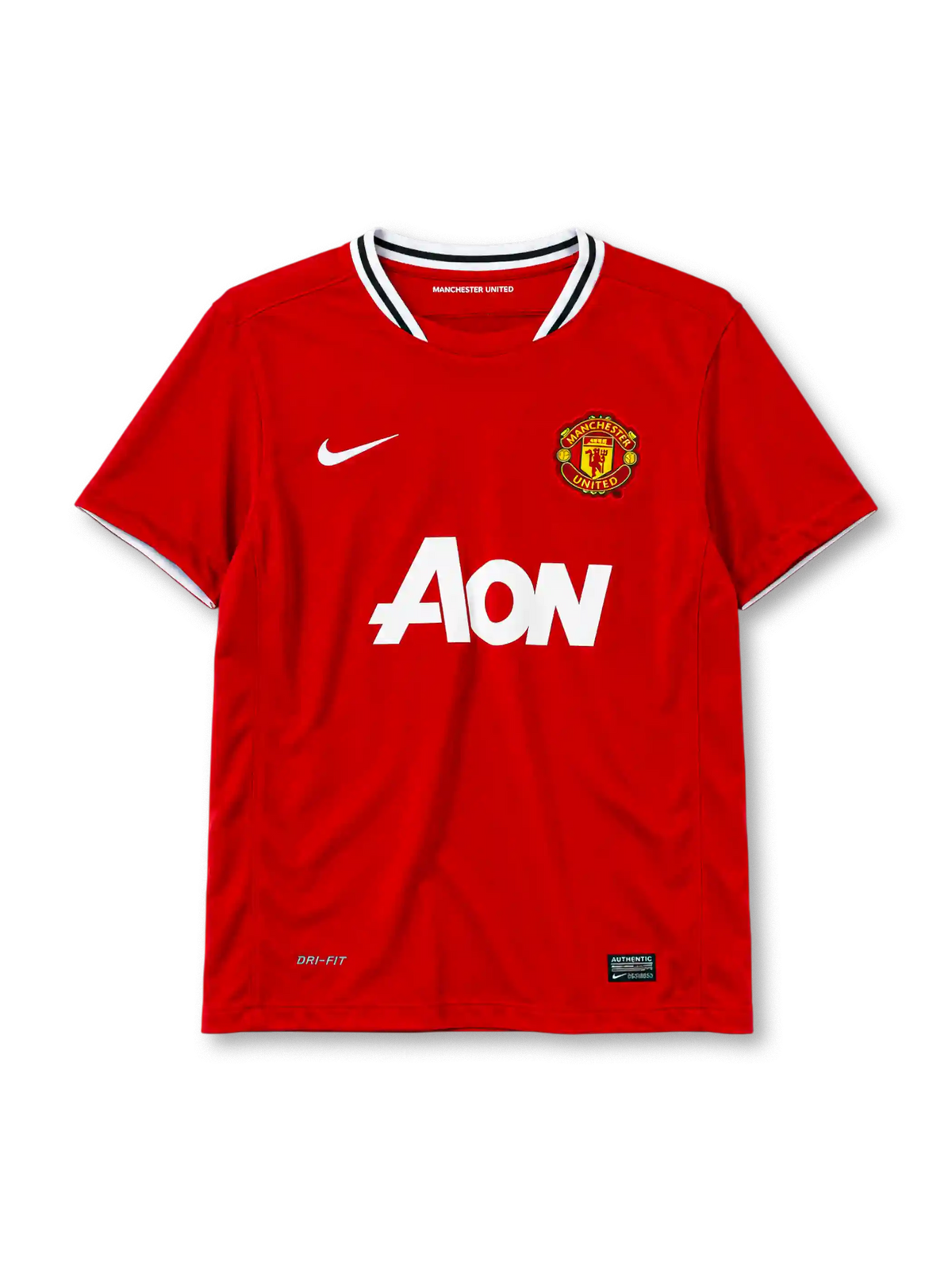 Manchester United 2011-12 home jersey in red with AON sponsor and striped ringer collar