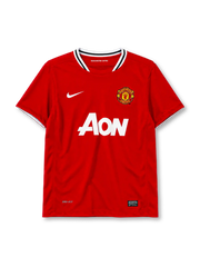 Manchester United 2011-12 home jersey in red with AON sponsor and striped ringer collar