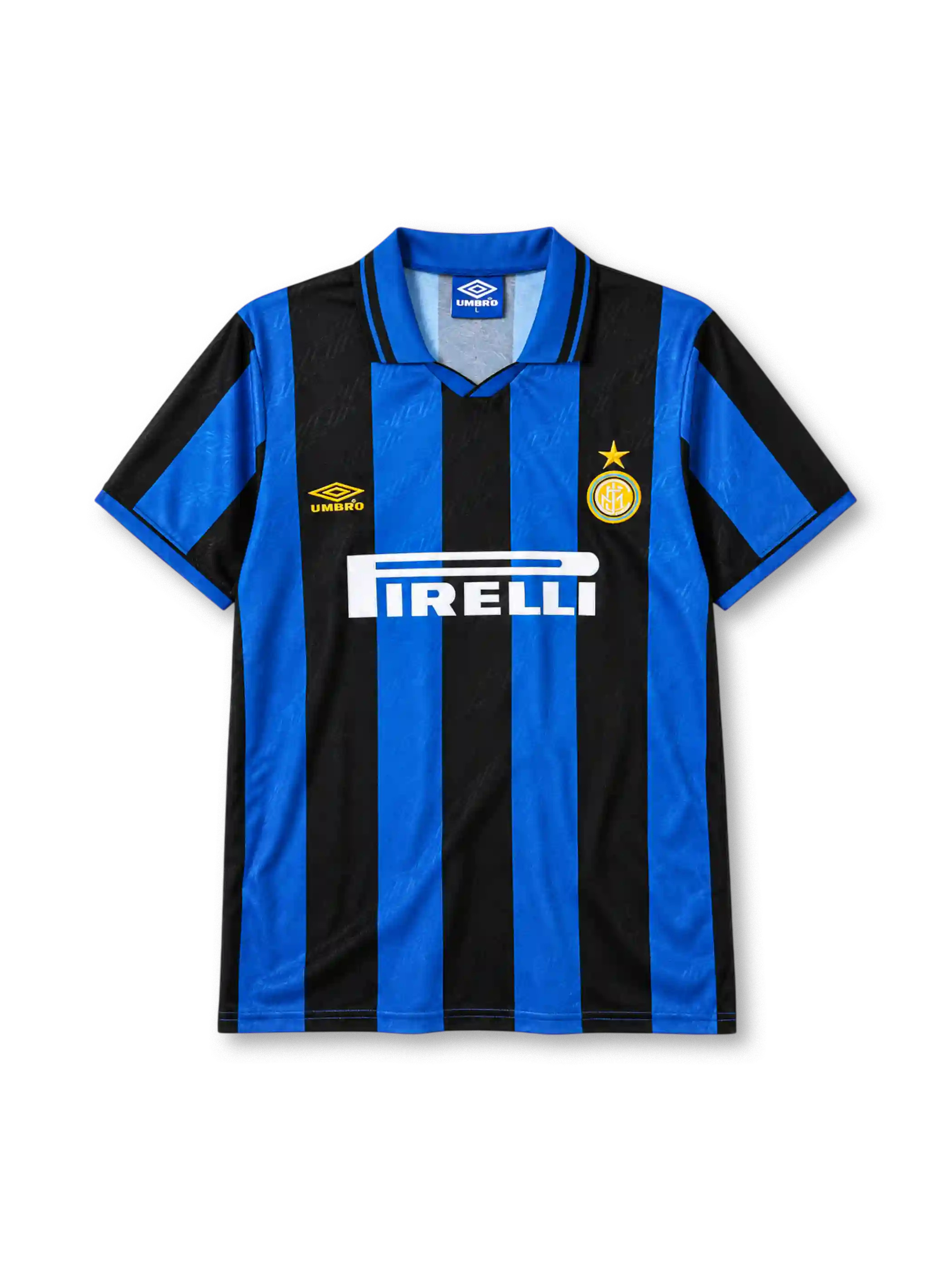 Inter Milan 1995-96 home jersey in blue and black stripes with Pirelli sponsor and jacquard pattern