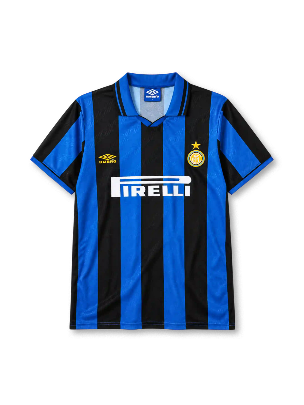 Inter Milan 1995-96 home jersey in blue and black stripes with Pirelli sponsor and jacquard pattern