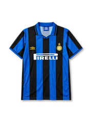 Inter Milan 1995-96 home jersey in blue and black stripes with Pirelli sponsor and jacquard pattern