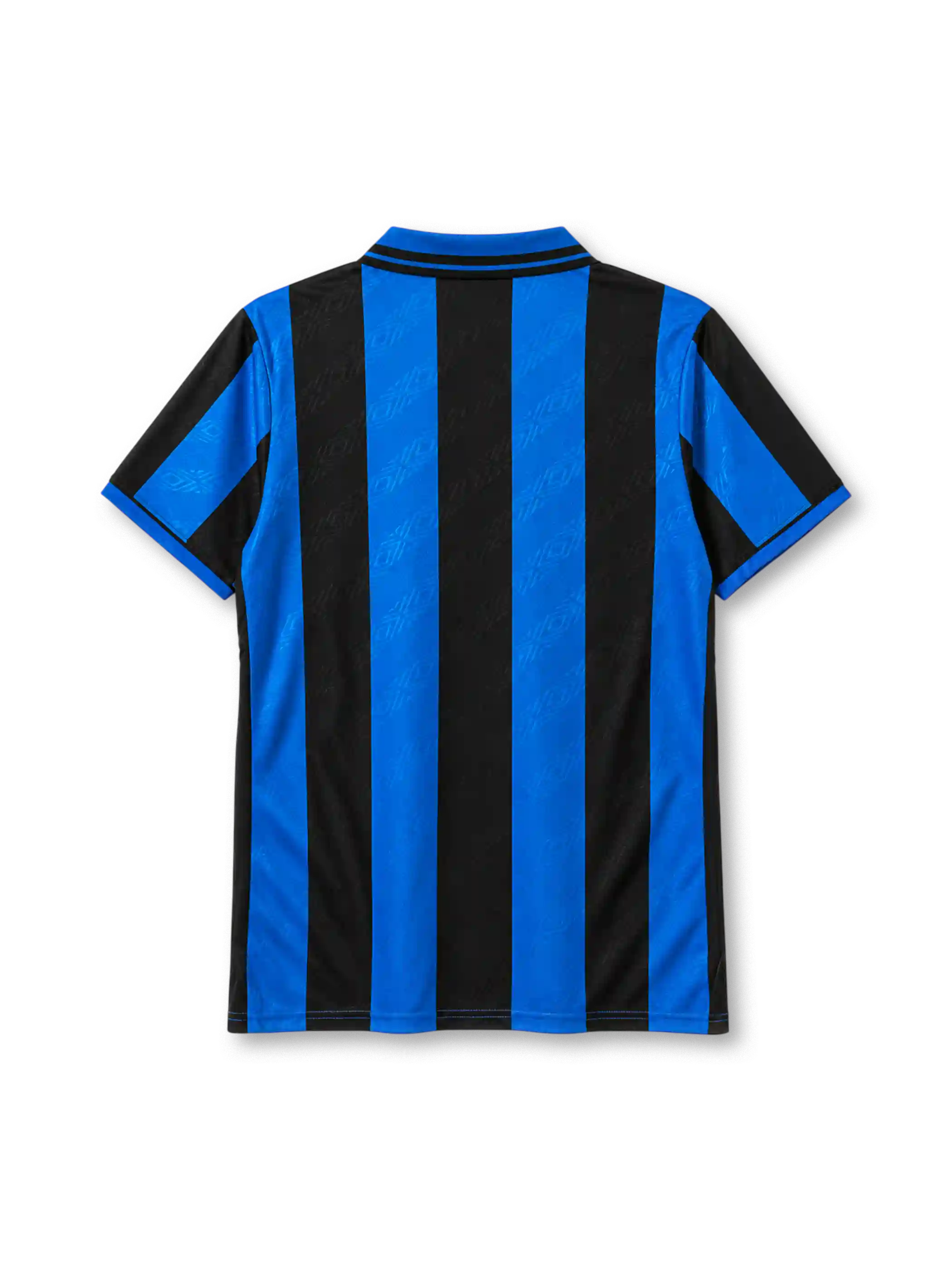 Inter Milan 1995-96 home jersey in blue and black stripes with Pirelli sponsor and jacquard pattern