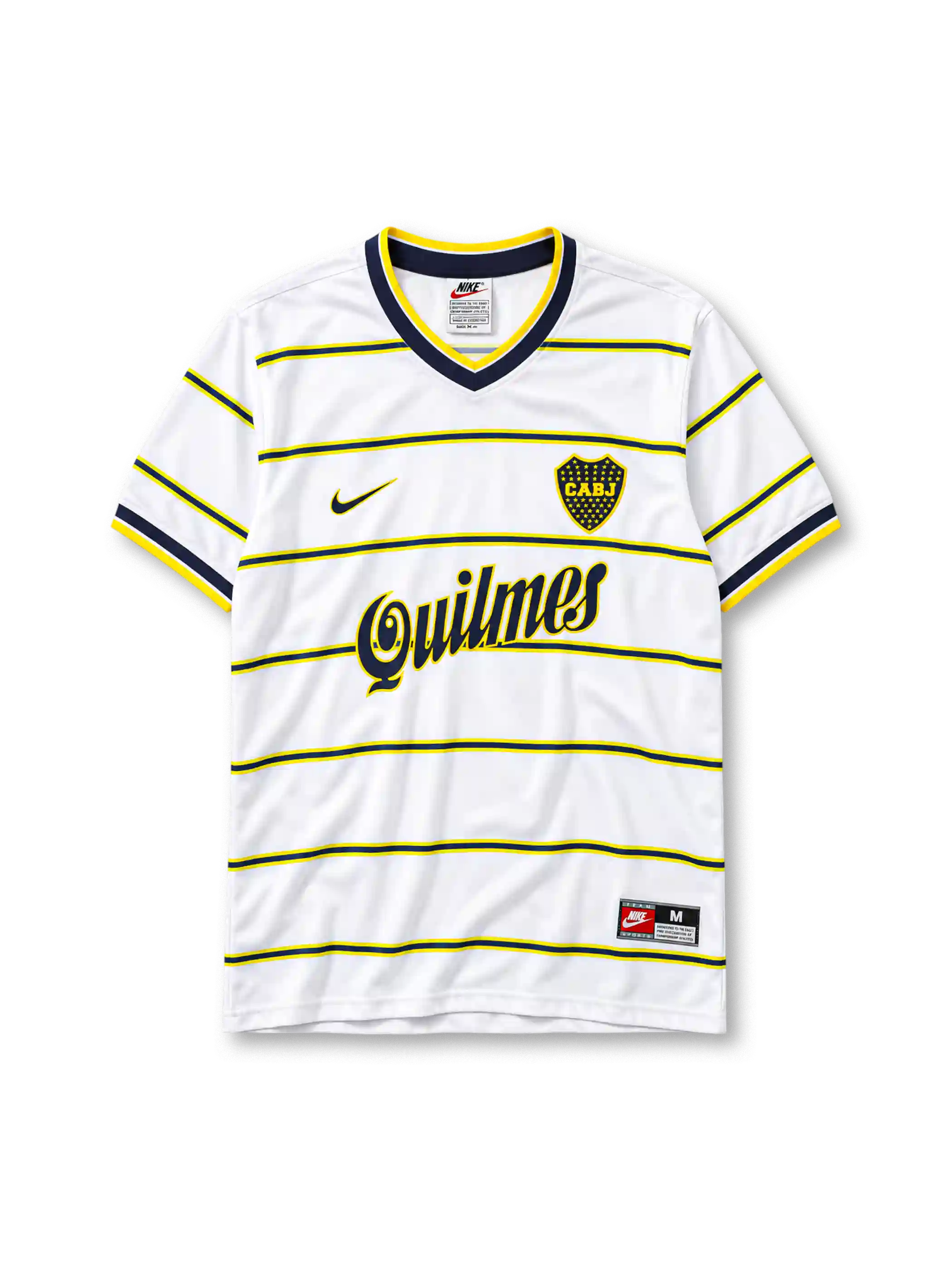 Boca Juniors 1999 away jersey in white with Quilmes sponsor and navy yellow stripes
