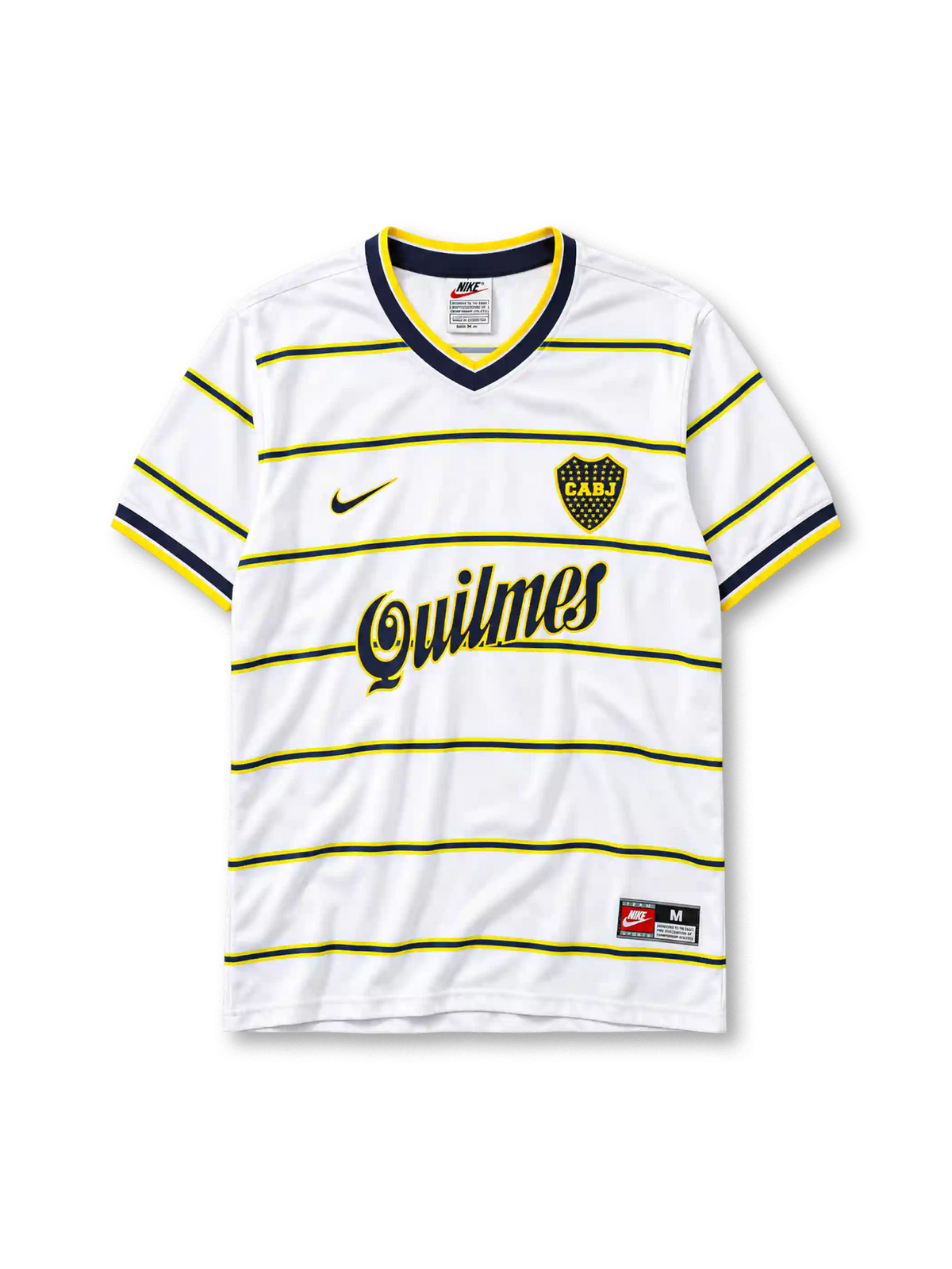 Boca Juniors 1999 away jersey in white with Quilmes sponsor and navy yellow stripes