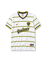 Boca Juniors 1999 away jersey in white with Quilmes sponsor and navy yellow stripes