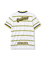 Boca Juniors 1999 away jersey in white with Quilmes sponsor and navy yellow stripes