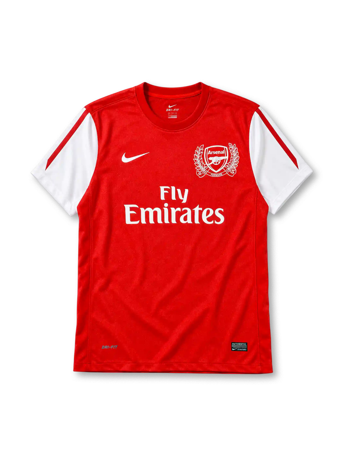 Arsenal 2011-12 home jersey in red with Fly Emirates sponsor and commemorative crest