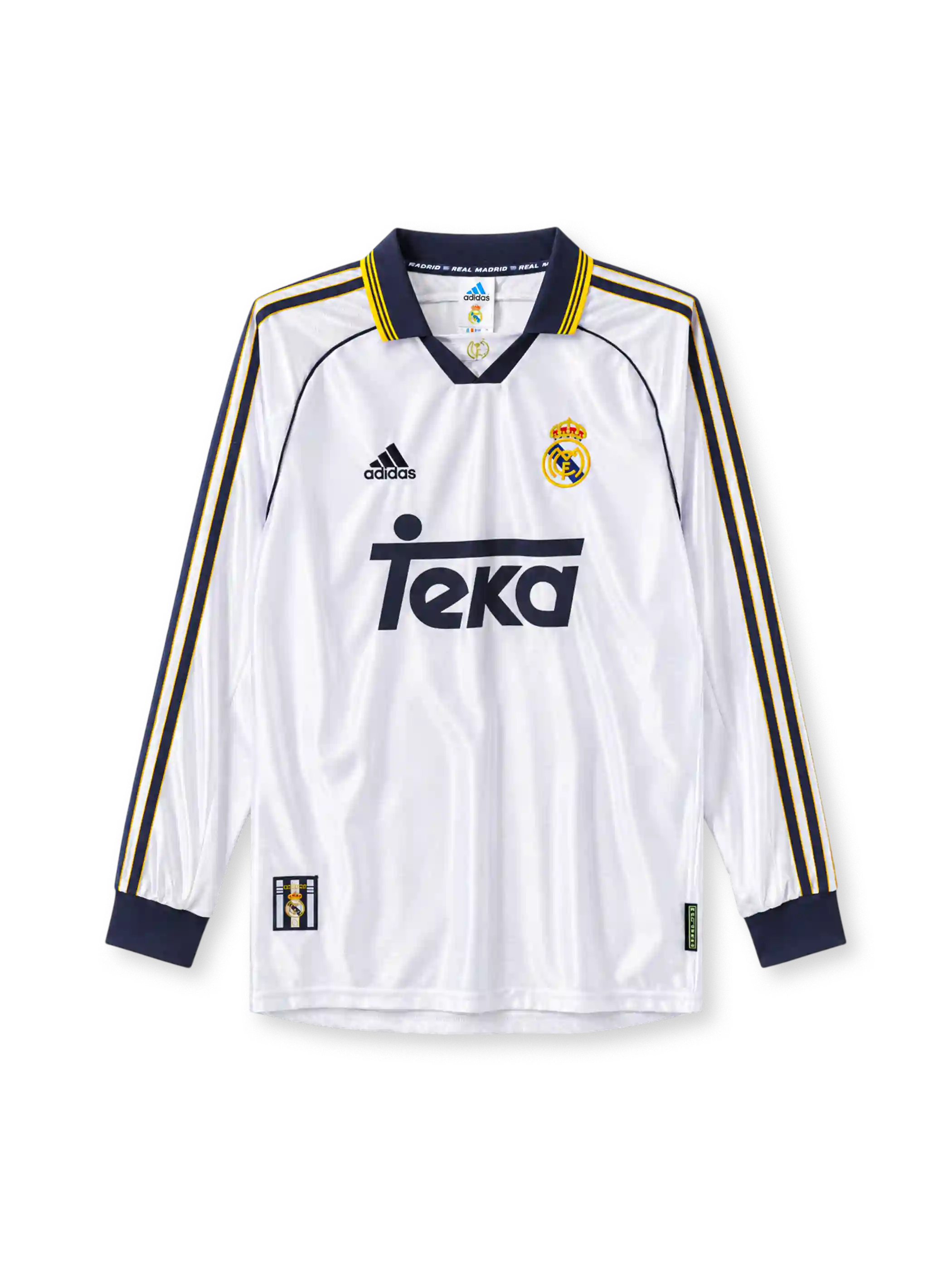 Real Madrid 1998-00 long-sleeve home jersey in white with Teka sponsor and navy gold trim